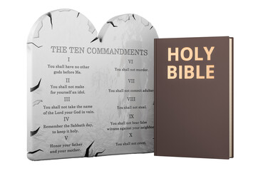 Fototapeta premium Ten Commandments stone tablets with Holy Bible. 3D rendering