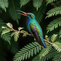 Fototapeta premium Iridescent hummingbird perches on branch amid green foliage. Tiny bird with vibrant feathers opens beak, showing red throat, ready for nectar. Nature delicate beauty in sharp focus.