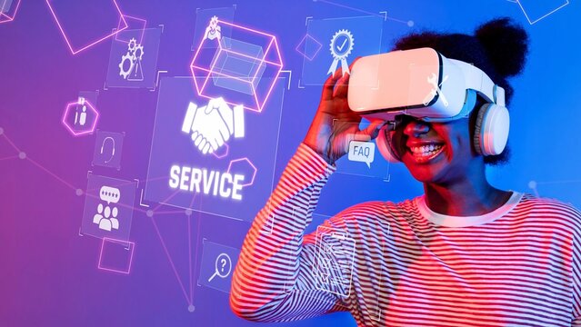 A joyful young woman explores virtual reality using a headset, immersed in a vibrant digital world filled with tech and service icons, showcasing modern engagement. Raster