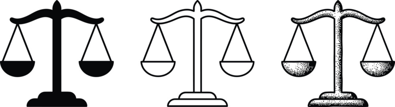 Scales of justice vector icon set in solid, outline, and stippled styles for legal design