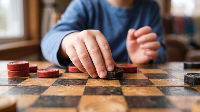 Childs hand moving a black checker piece on a vintage wooden checkerboard during a game