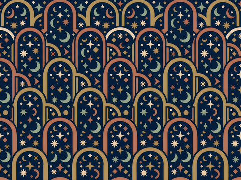 Seamless night sky pattern with overlapping architectural arches and stars