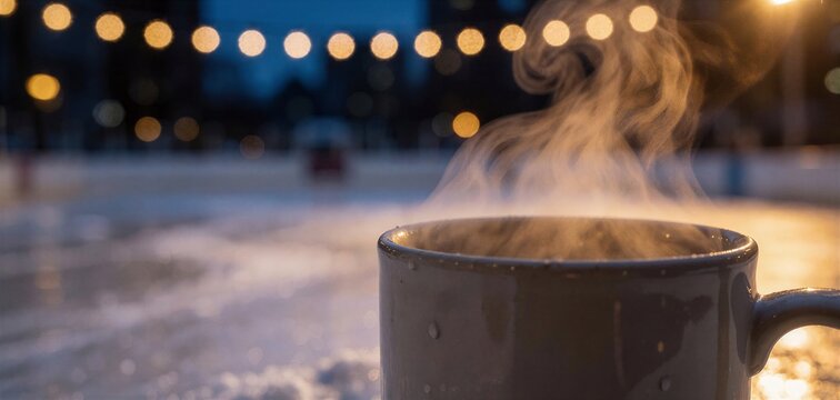 Warm steam rises from a mug on an ice rink at twilight, suggesting a cozy moment during Christmas holidays with beautiful bokeh lights.