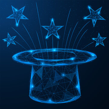 The wizard's cylinder, from which five shining stars fly up. The concept symbolizes wonder, creativity, the discovery of new possibilities and the transformation of an idea into reality.