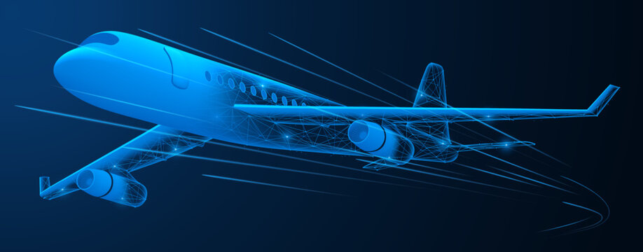 Passenger aircraft in the process of digital transformation. The real shape of the aircraft gradually dissolves and turns into a digital network consisting of connected dots and lines.