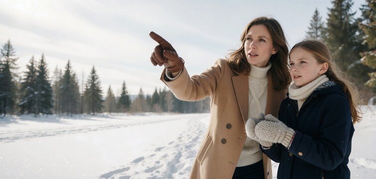 Woman and child looking at distant pine trees in fresh Christmas snow, pointing forward in a bright winter landscape.