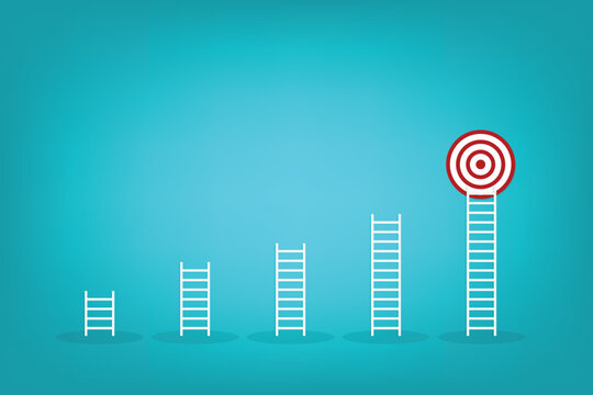 Winning Strategy Ladder Reaching Bullseye Target, Competition and Achievement Concept