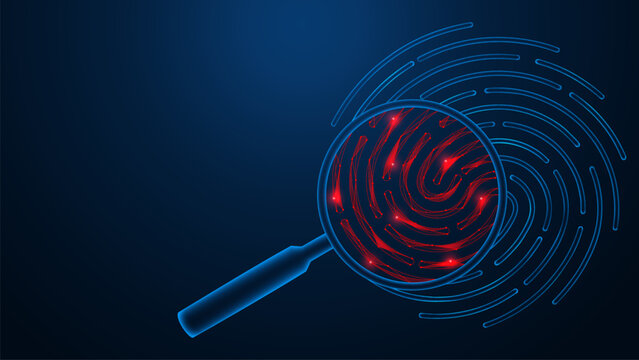 Fingerprint verification using a magnifying glass. The red digital lines and illuminated areas inside the lens symbolize biometric data and identification.