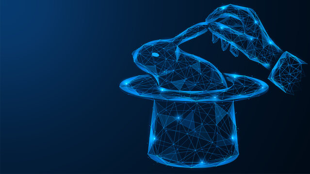 A magician pulling a rabbit out of a top hat. The concept of turning an idea into reality, digital creation and technological transformation. Polygonal design, blue background.