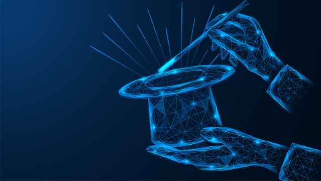 Magician's hands holding a magic wand over a cylinder. The illustration symbolizes technology management, generation, creation of a new digital object and the transformation of an idea into a result.