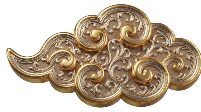 Elegant gold cloud ornament with intricate silver etching. Luxury metallic design features swirling filigree patterns, detailed craftsmanship. Precious decorative element isolated on white background