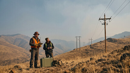 Fototapeta premium Utility Team Assesses Wildfire-Resistant Power Corridor