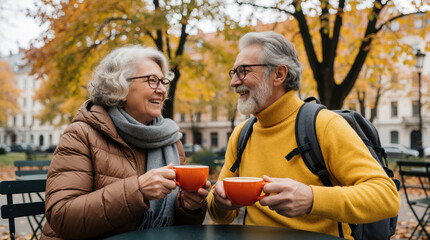 Naklejka na ściany i meble Happy senior couple sits at outdoor cafe table in autumn park. Mature man, woman drink hot coffee, talk, laugh together. Elderly partners enjoy leisure time, companionship, warm weather in city.