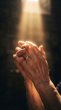 Praying hands clasped together, illuminated by a divine shaft of light streaming from above, convey a profound sense of faith and hope.