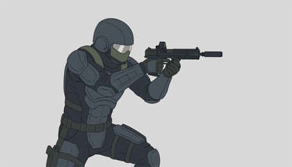 Fototapeta premium Tactical soldier in full combat uniform aims a silenced pistol at a target in a professional military or law enforcement training exercise.