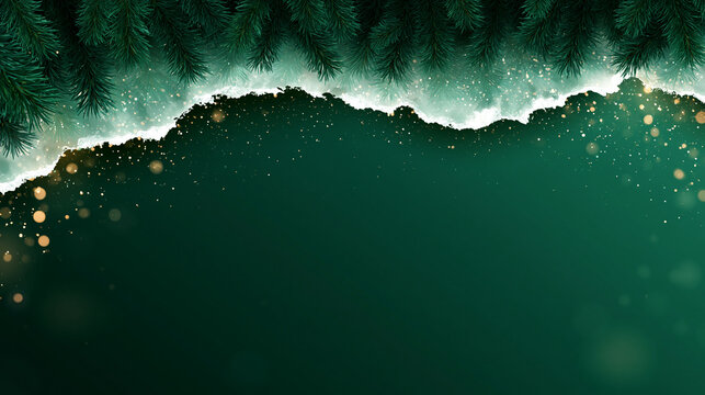 Festive Green Christmas Background with Fir Branches and Golden Bokeh