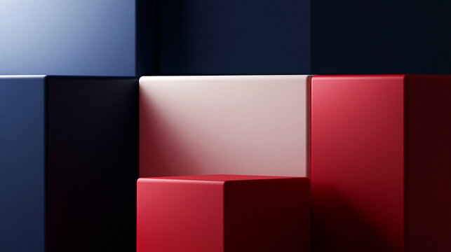 Abstract Geometric Podium for Product Display with Red and Blue Cubes