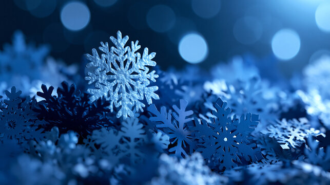 Delicate Blue Snowflake on Festive Winter Bokeh Background