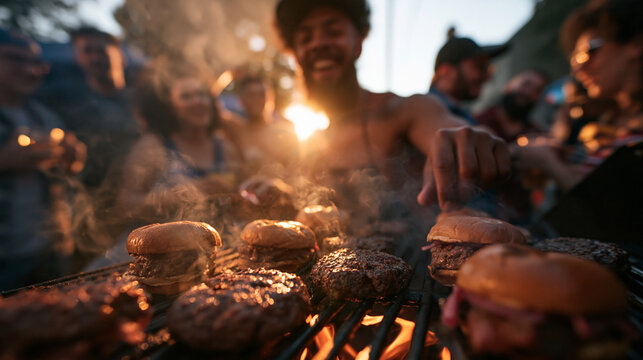 Friends Enjoying Outdoor Barbecue Party and Grilling Burgers