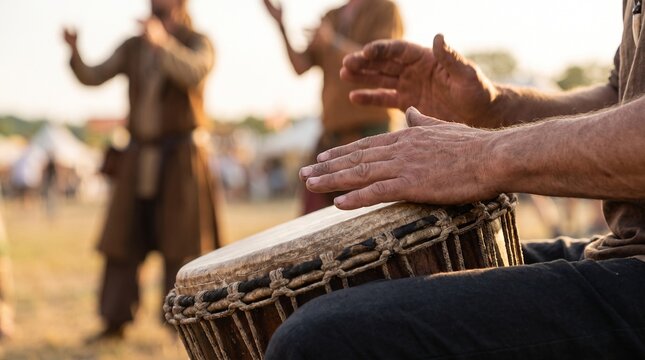 Expressive hands strike a harvest hand drum in sunlight