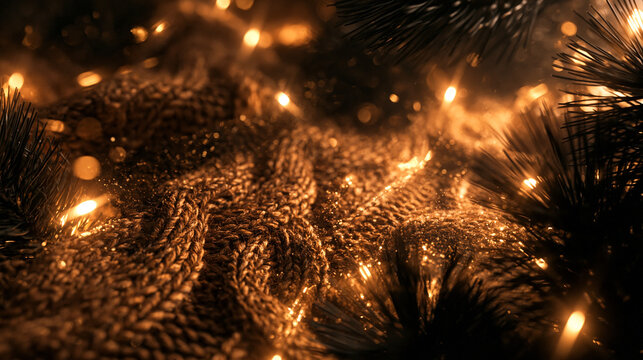 Cozy Knitted Blanket with Glowing Christmas Lights and Pine Branches