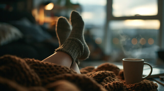 Cozy Feet in Wool Socks Resting with Steaming Drink at Home