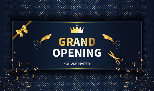 Elegant Grand Opening Event Invitation Background Featuring Golden Circular Frame, Ribbon and Scissors for Luxury Business Celebration
