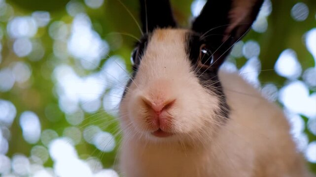 Curious rabbit with expressive eyes and soft fur. Cute White Pet Rabbit Exploring Garden Trees. A Fluffy White Rabbit&rsquo;s Favorite Tree Spot.