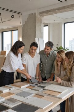 Interior design team reviewing flooring samples during renovation planning meeting