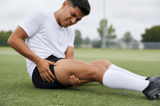 Soccer player holding painful leg injury while sitting on grass field
