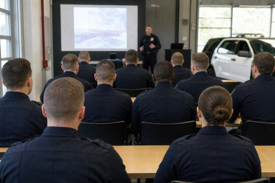 Police officers attending training presentation in classroom with patrol vehicle