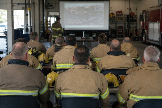 Firefighters attending training presentation in fire station classroom