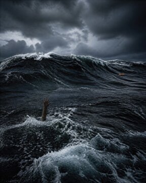 Hand reaching above stormy ocean waves, drowning emergency in rough sea