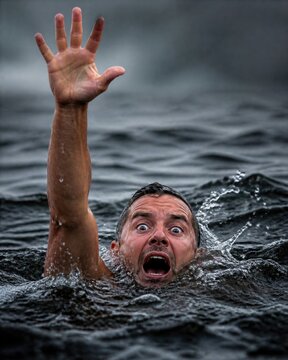 Frightened man struggling in water with raised hand asking for help