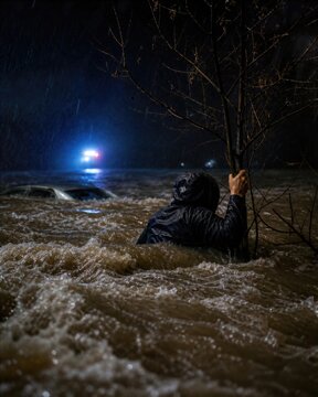Person clinging to tree in floodwater at night during severe storm rescue
