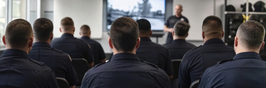 Police officers attending training session in classroom with instructor