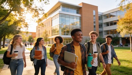 Obraz premium Diverse University Students Walking Across Modern Campus with Backpacks Laptops Notebooks and Reusable Coffee Cups, Warm Late Summer Sunlight, Candid Movement, Inspirational Academic Scene