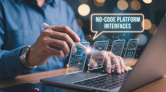 Professional developing intuitive digital interfaces on a modern no-code platform, leveraging technology for efficient application design and user experience innovation