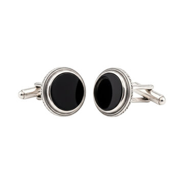 Elegant silver cufflinks with round black onyx stones isolated on white