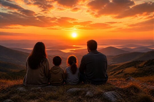 Family watching sunset over rolling hills from mountain