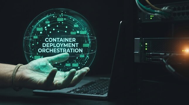 Advanced cloud computing concept Digital visualization of container deployment and orchestration, showcasing data management for modern IT infrastructure and seamless software solutions