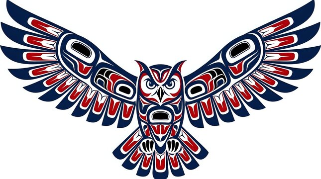 Owl with spread wings in indigenous northwest coast art style