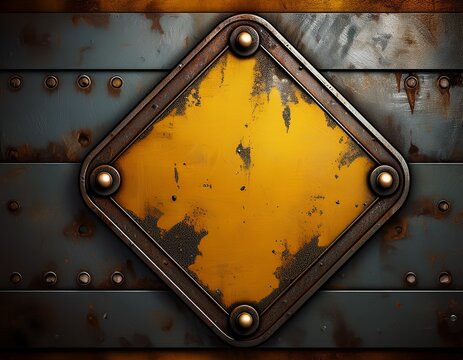 rustic metallic caution sign with distressed texture and rivets