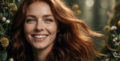 Naklejka premium Smiling young woman with red hair, freckles poses in green forest. Beautiful ginger girl enjoys nature among wild plants, flowers. Close up portrait shows happy face with soft sunlight, bokeh
