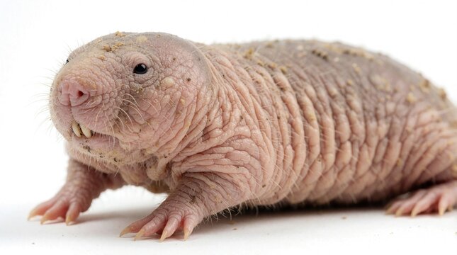 Naked mole rat crawls on white background. Pink hairless rodent with wrinkled skin, big teeth sits in studio. Close up portrait shows unique mammal features for biology, science study. Unusual exotic