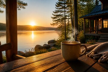 Fototapeta premium Coffee mug steaming on wooden table at lakeside cabin