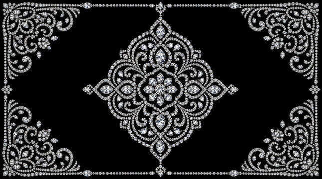 Elegant decorative pattern composed of sparkling diamond-like crystals forming an intricate mandala medallion with matching corner ornaments on a black background. Ideal for luxury branding, invitatio