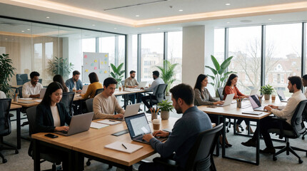 Obraz premium Diverse group works together in modern open plan office, using laptops at shared desks. People collaborate on projects, share ideas, and build community in a bright, productive workspace.