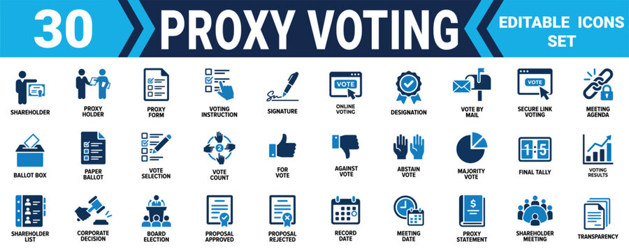 Set of 30 proxy voting and shareholder meeting icons for corporate business and annual election reports Minimal solid fill icon set bundle collection. Editable Vector Illustration Mega pack