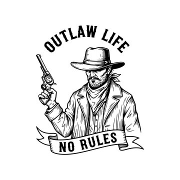 Vintage cowboy illustration with revolver and outlaw text
